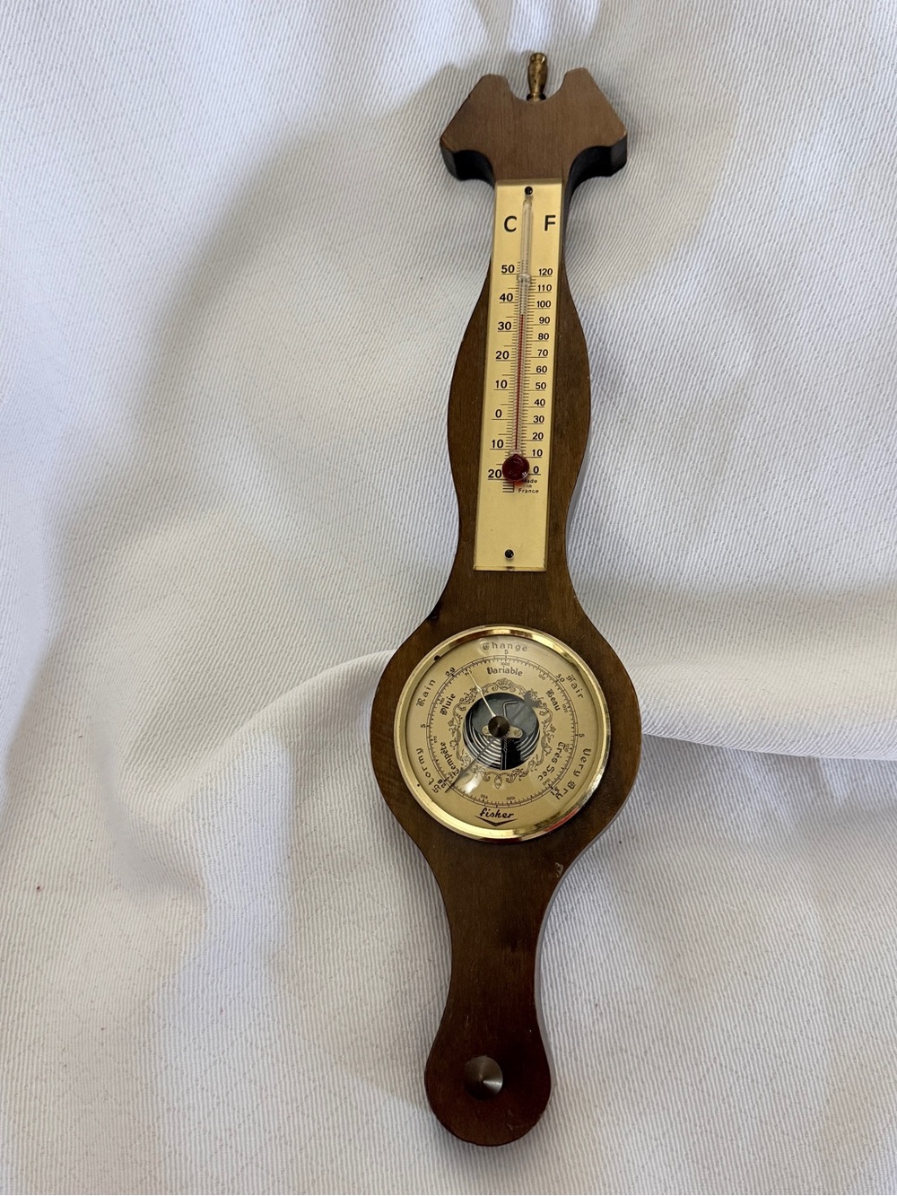 Vintage-Style Brown Wooden Wall Barometer and Thermometer